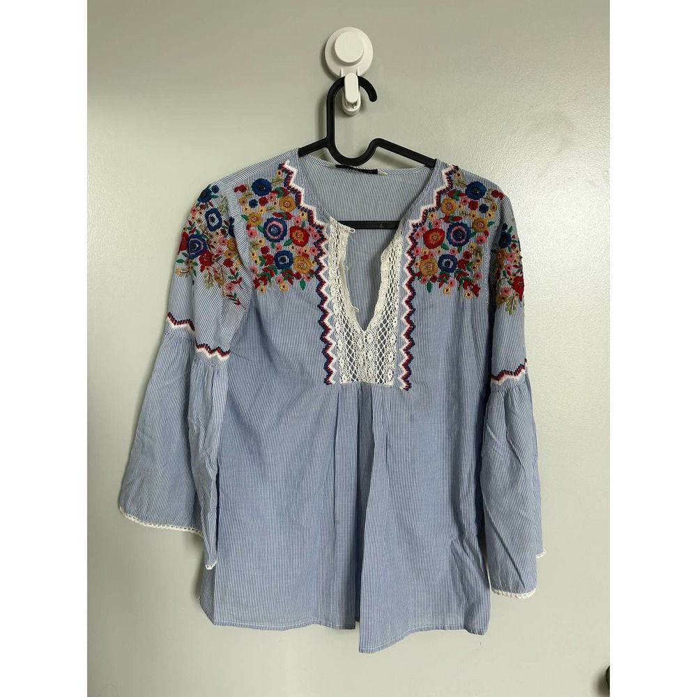 Zara Basic GUC Embroidered Striped Blouse Top Size XS - Picture 8 of 9